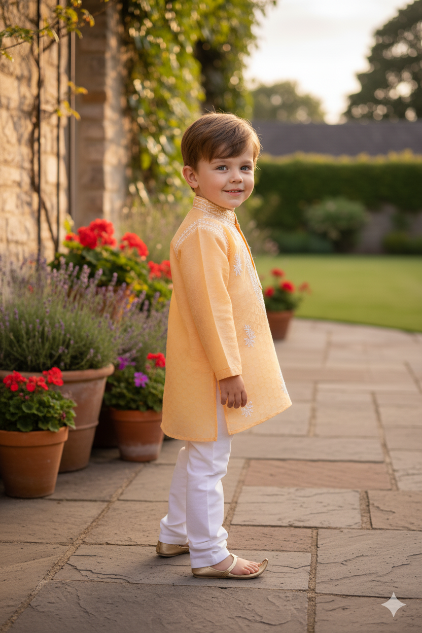 Silakaari Aarav Beige-White Pure Lucknowi Chikankari Kurta Pyjama Set For Boys