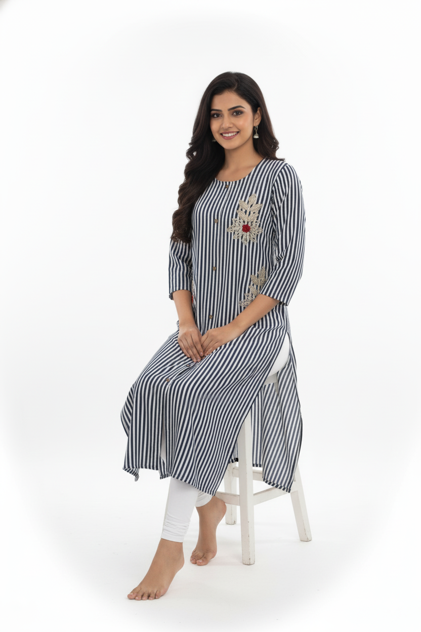 Silakaari Irsa Black-White Lining Rayon Gota Patti Long Kurti