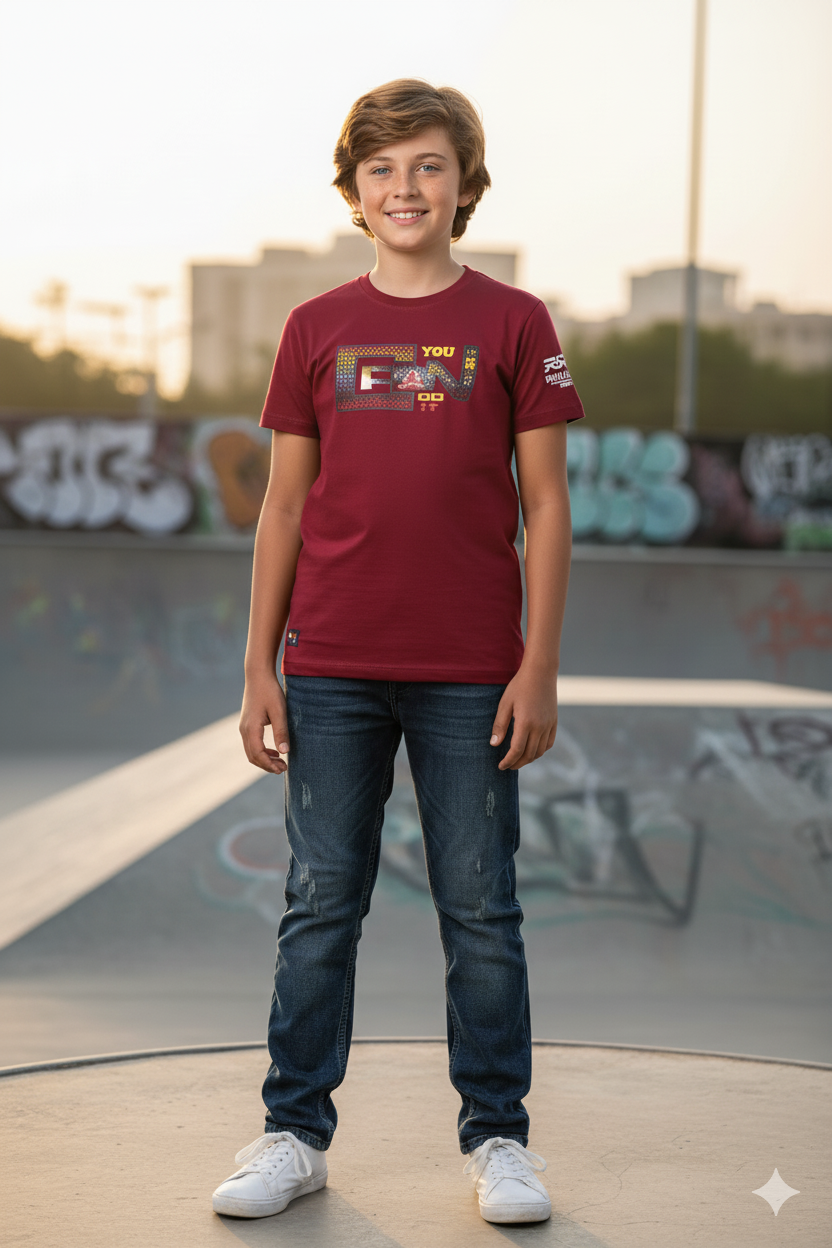 Silakaari Harden Maroon T-Shirt With Black Cargo Denim Jeans Set For Boys