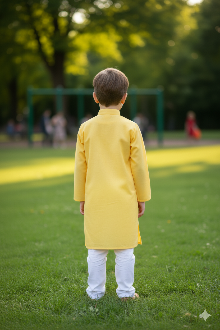 Silakaari Kids Bright Yellow Lucknowi Pure Cotton Kurta pajama Set For Boys