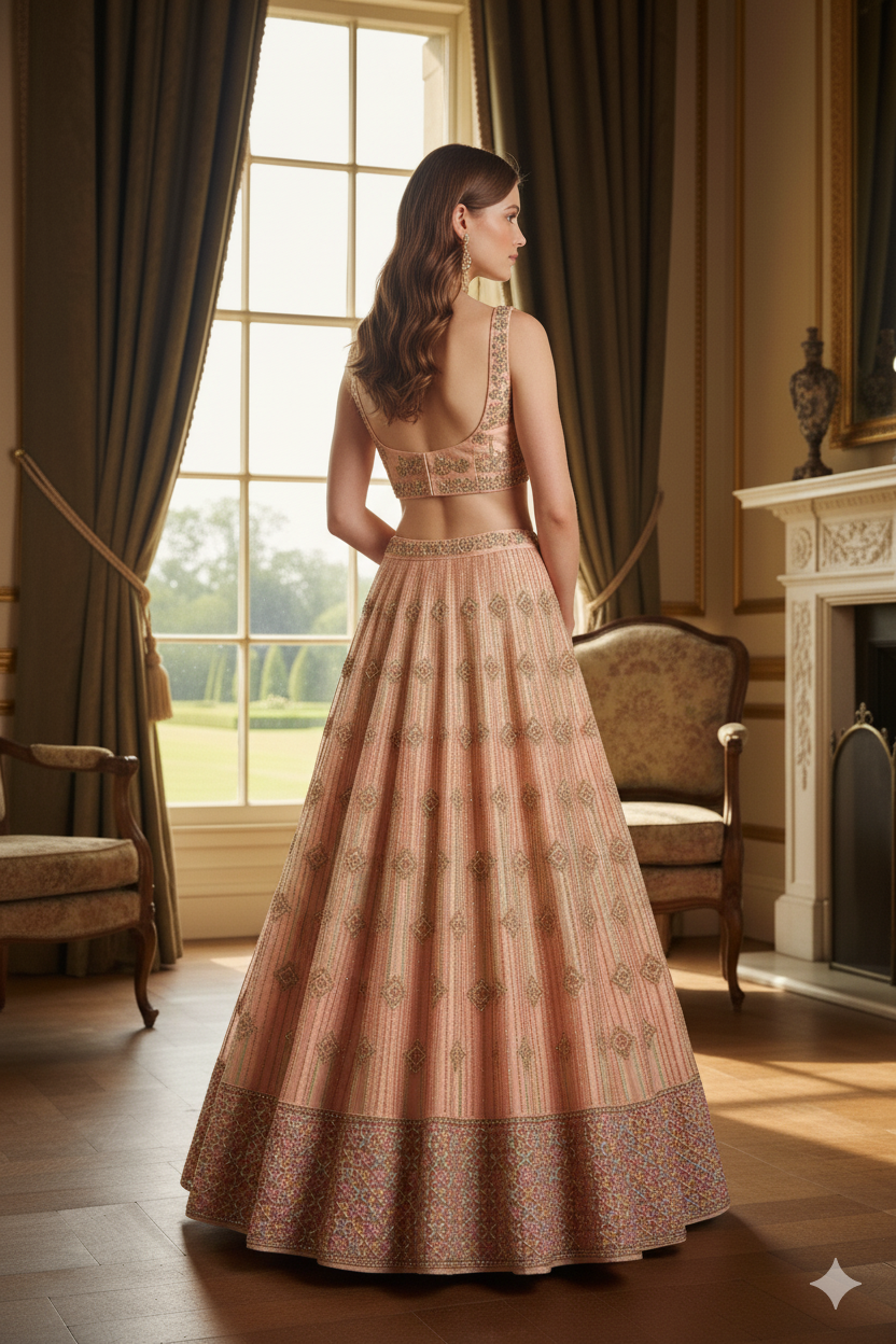 Silakaari Maghroor Peach Multi-Color Pure Net Zari Dimond Party Wear Unstitched Lehenga Set