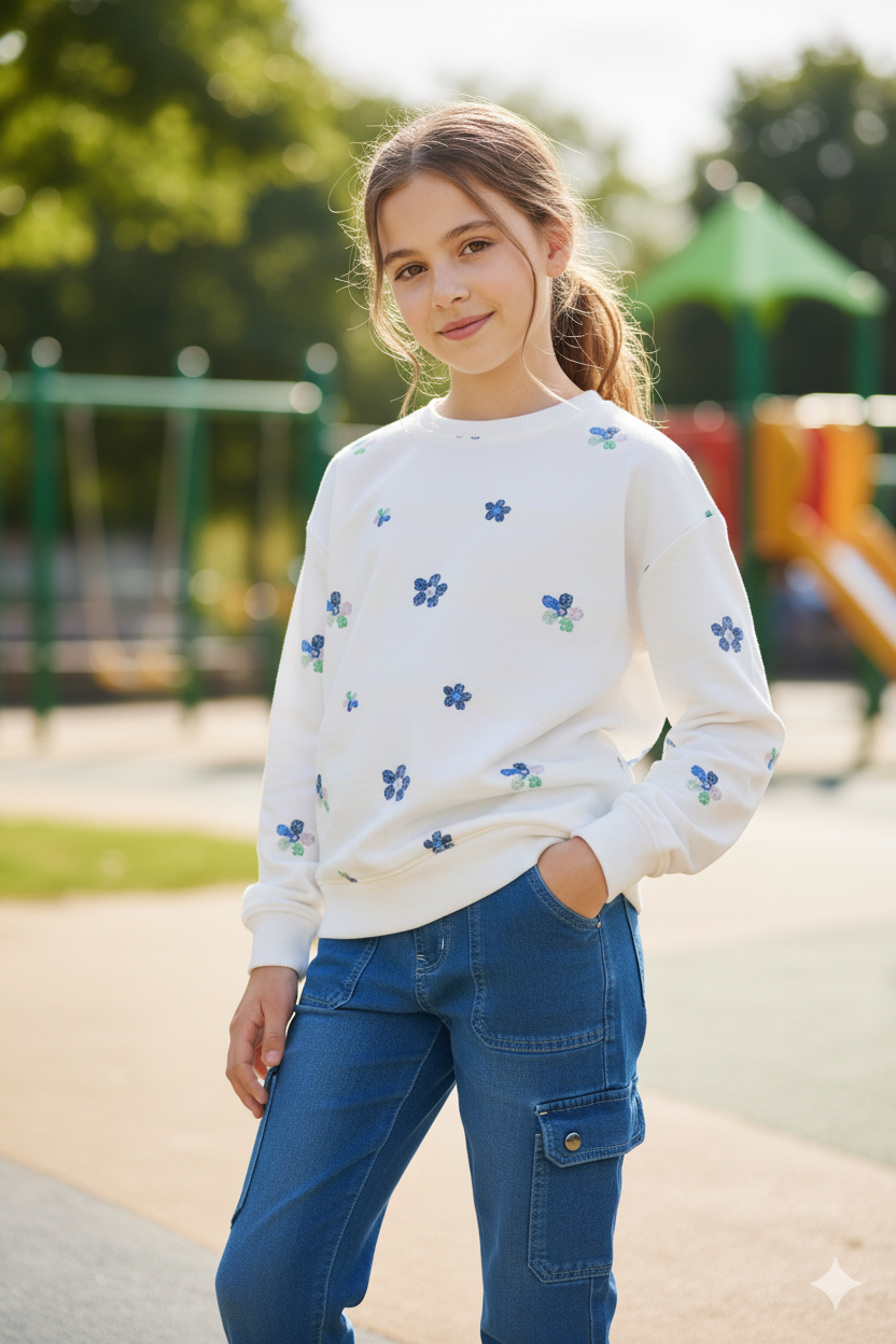 Silakaari Minha White Floral T-Shirt With Denim Baggy Side Pockets Jeans Set for Girls