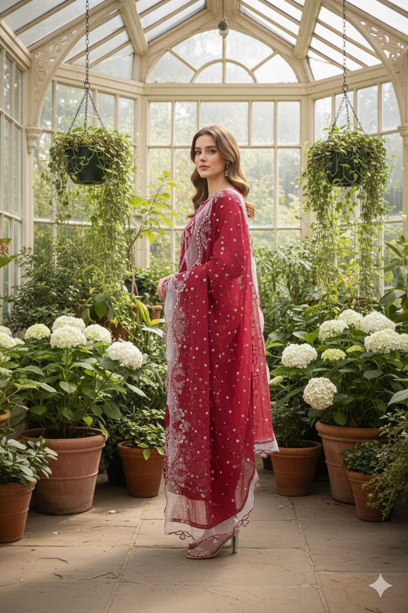 Silakaari Shehzadi Maroon-White Pure Lawn Organza Premium Unstitched  Suits