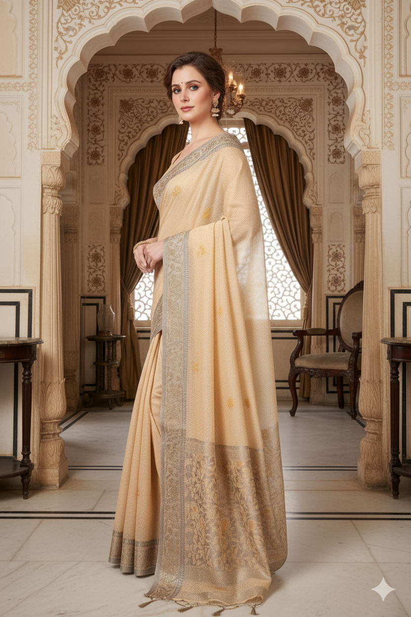 Silakaari Suvidha Beige-Gold Pure Chanderi Premium HandWork Partywear Saree