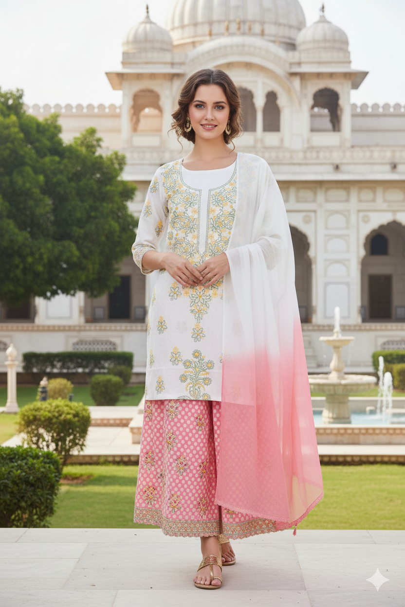 Silakaari Gulabi Polka Dot Pure Cotton Premium Lucknowi Dress Material With Dupatta