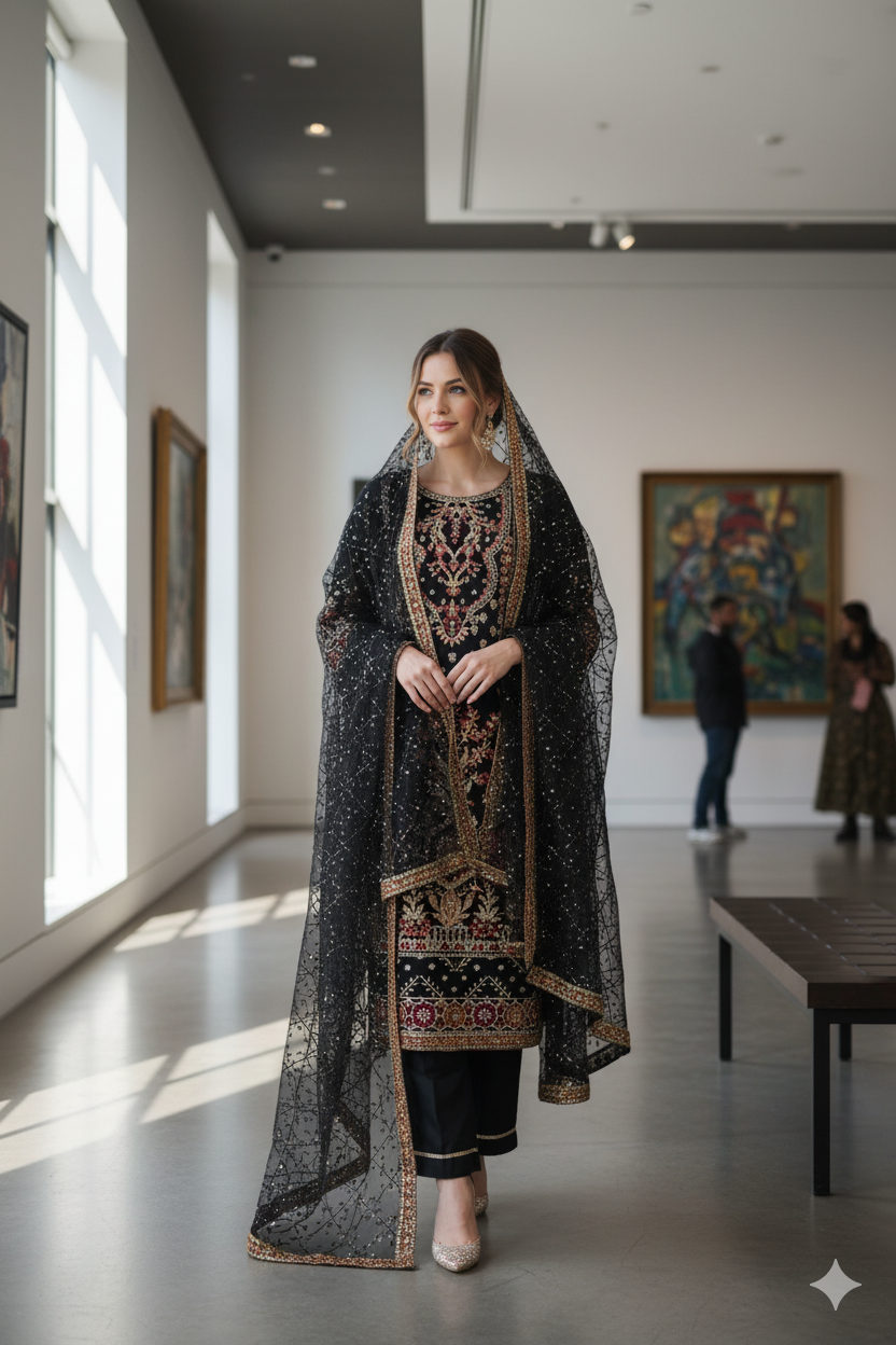 Silakaari Nimat Black-Multi Heavy Sequin Kundan Work Fancy  Ready-Made Dress