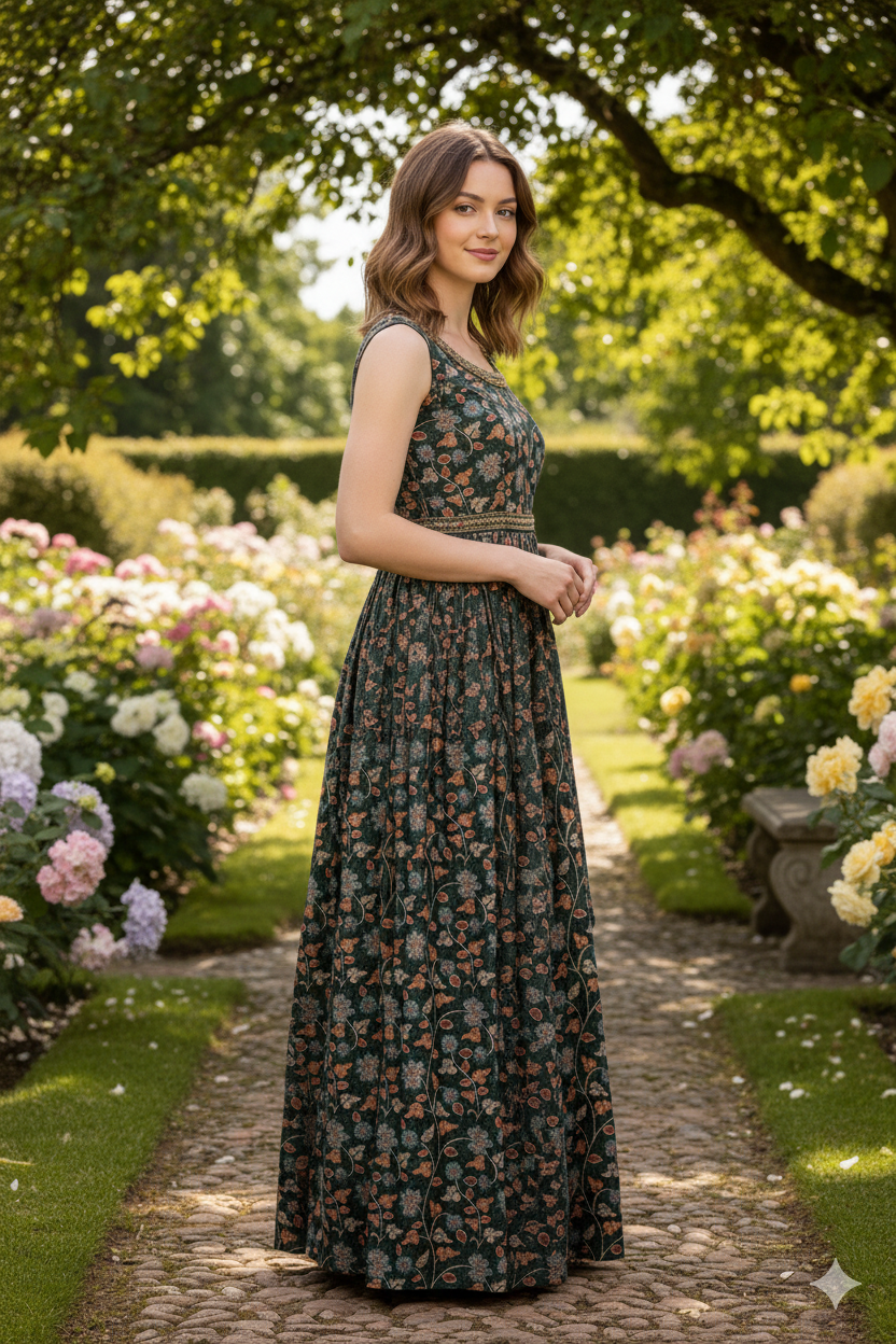 Silakaari Soul Dark Green Floral Printed Ethnic Gown