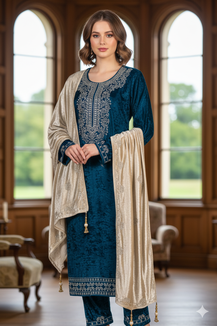 Silakaari Mahima Turquoise Dimond Pure Velvet Fancy Bridal Kurti Pant Set