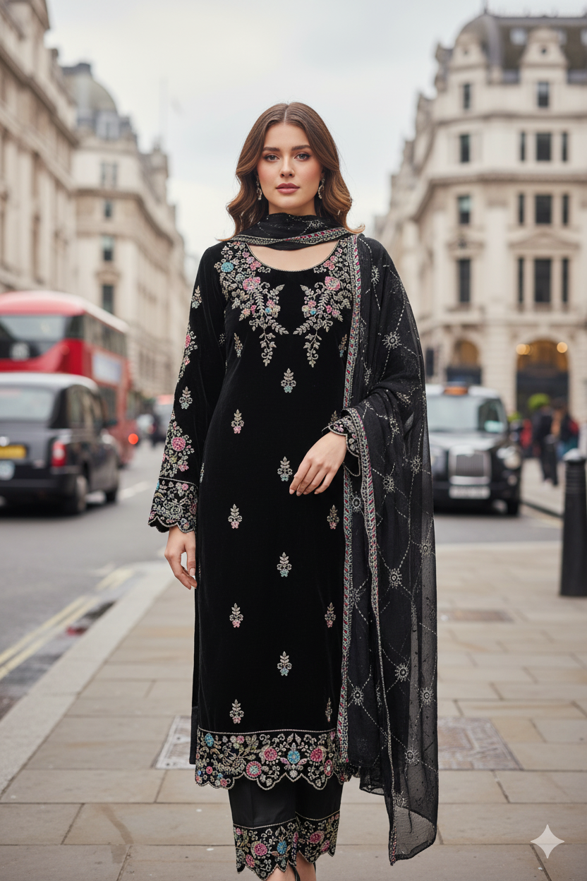 Silakaari Zubaan Pure Velvet Black Sequin Heavy Unstitched  Suits