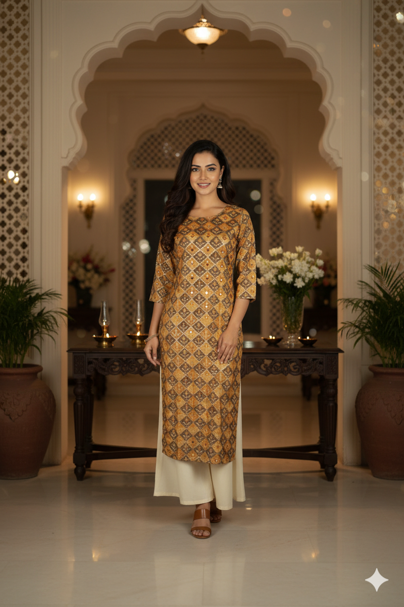 Silakaari Liyana Patola Print Mustard Rayon Straight Long Kurti with Mirror work