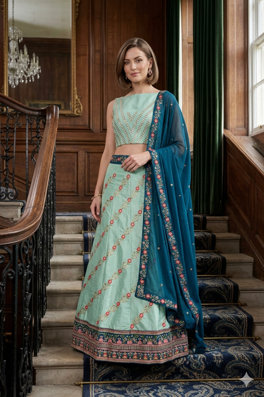 Silakaari Mehdood Teal Green Heavy Embroidery Sequin Border Silk Unstitched Lehenga Set