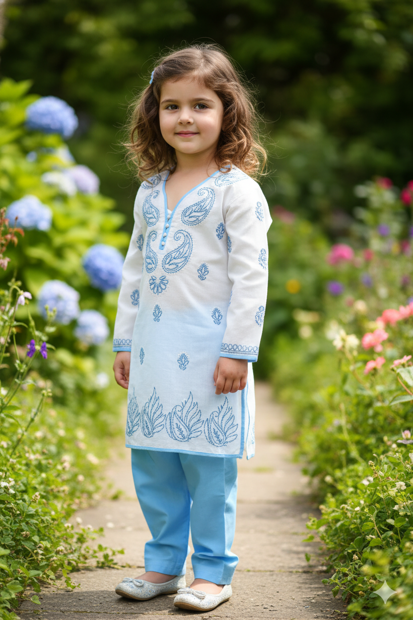 Silakaari Kids Pure Cotton Chikan Lucknowi Kurta Pajama Set For Girls
