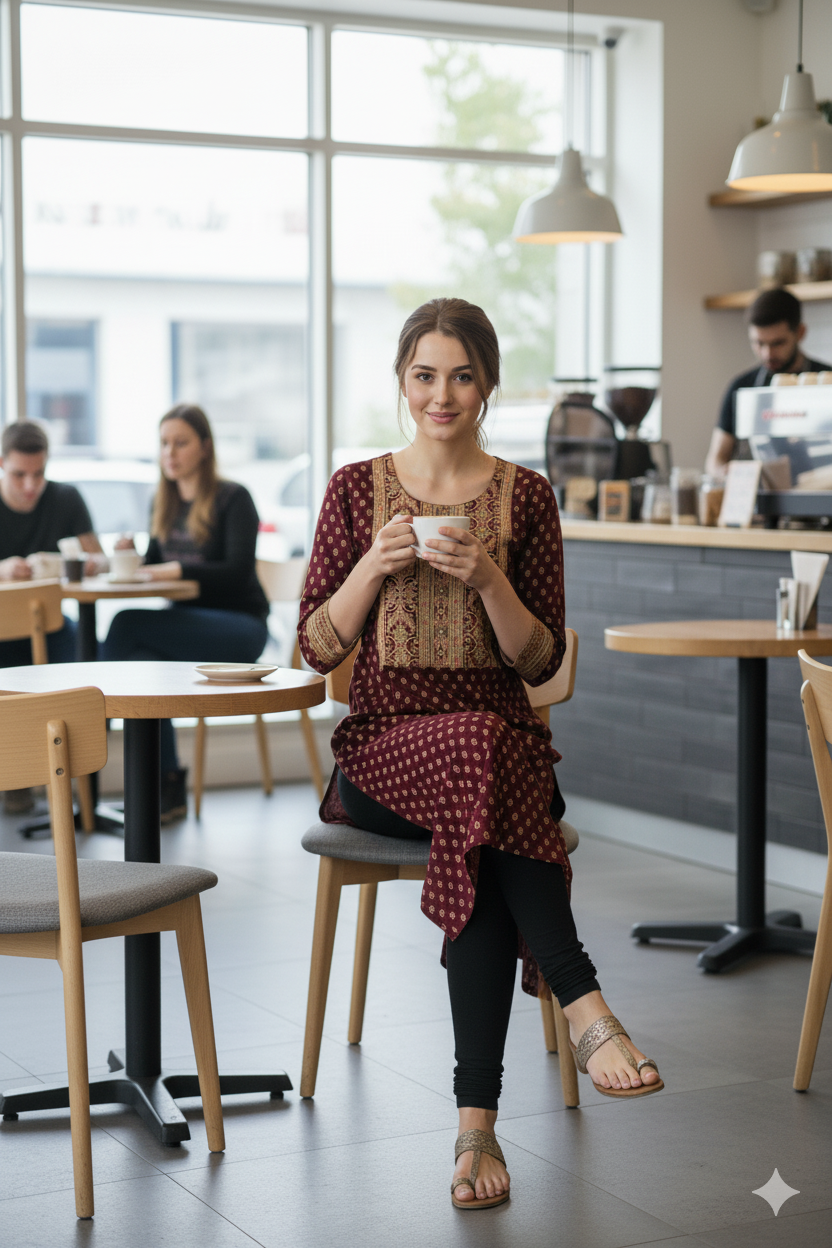 Silakaari Maleeka Maroon Foil Printed Rayon Long Kurti