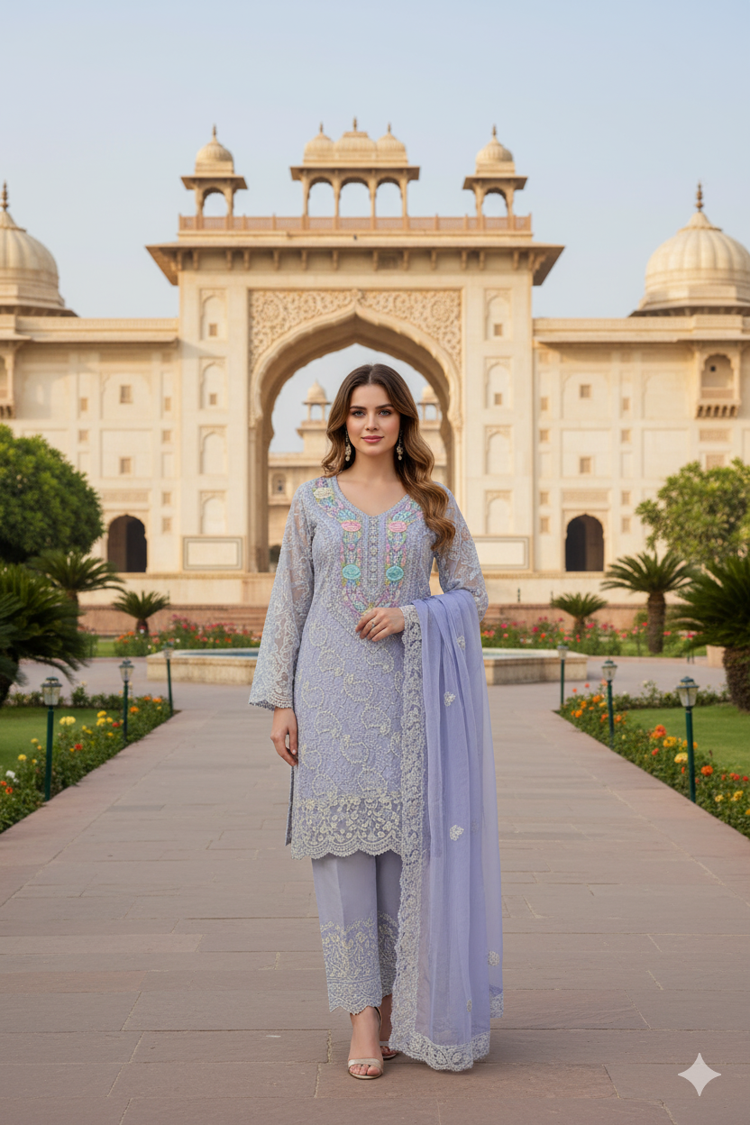 Silakaari Pashmina Parsi Work Pure Georgette Chikankari Premium Unstitched Dress Material