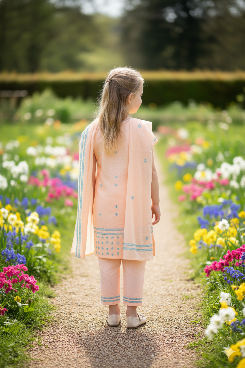 Silakaari Cyna Peach-Green Pure Cotton Lucknowi ChikanKari Kurti Pant With Dupatta Set For Girls