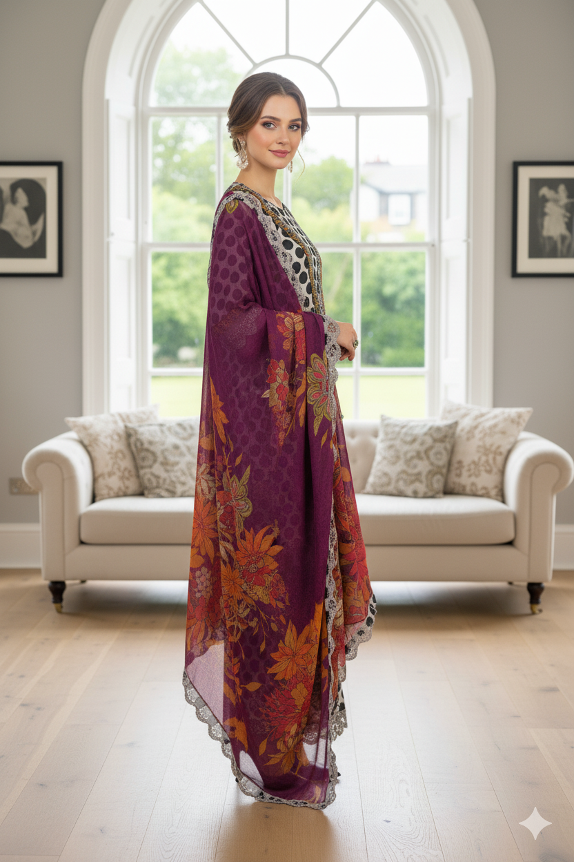 Silakaari Farhat Polka Dot Pure Lawn Beige-Black  Luxury  Ready-Made Dress