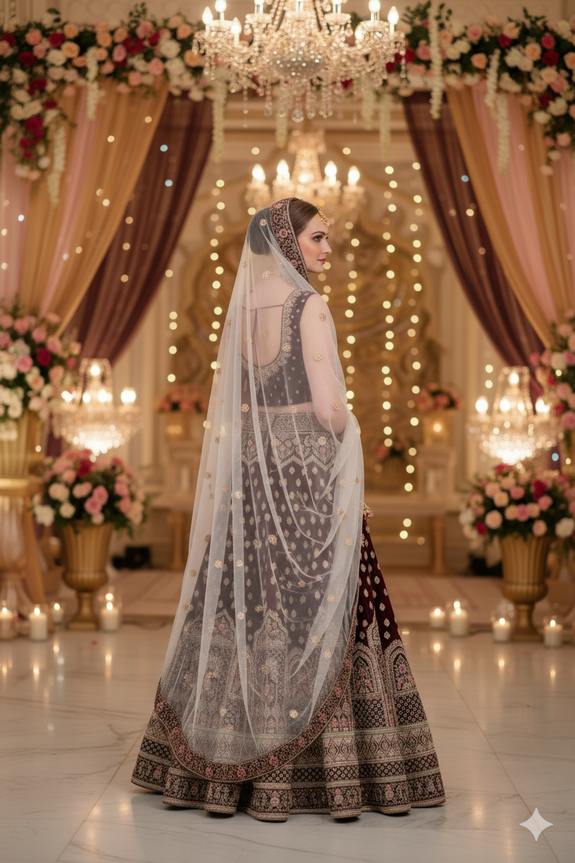Silakaari Wine Velvet Bridal Lehenga Sharara Set with Zari, Zarkan & Cutdana Work