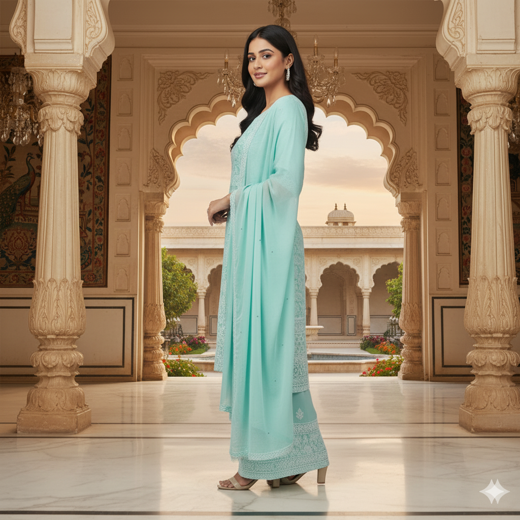 Silakaari Floss Green-White Pure Cotton Delux Premium Lucknowi Chikankari Unstitched Dress Material