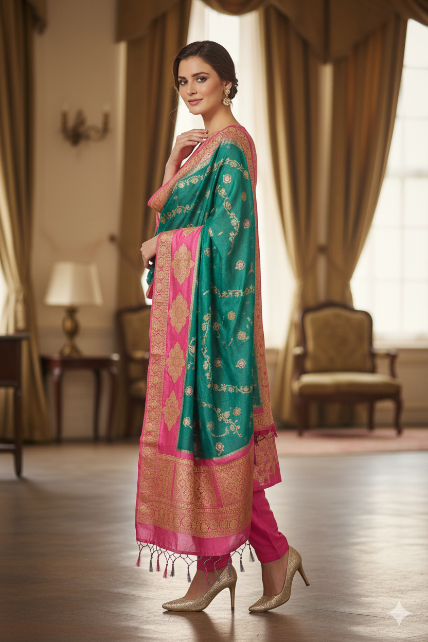 Silakaari Zubaida Banarasi Green-Pink Hand Woven Unstitch Dress Material