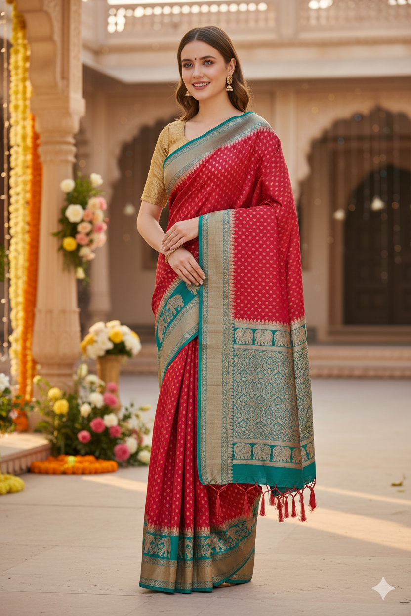 Silakaari Saba Green-Pink Heavy Zardosi Hand Work Bridal Saree