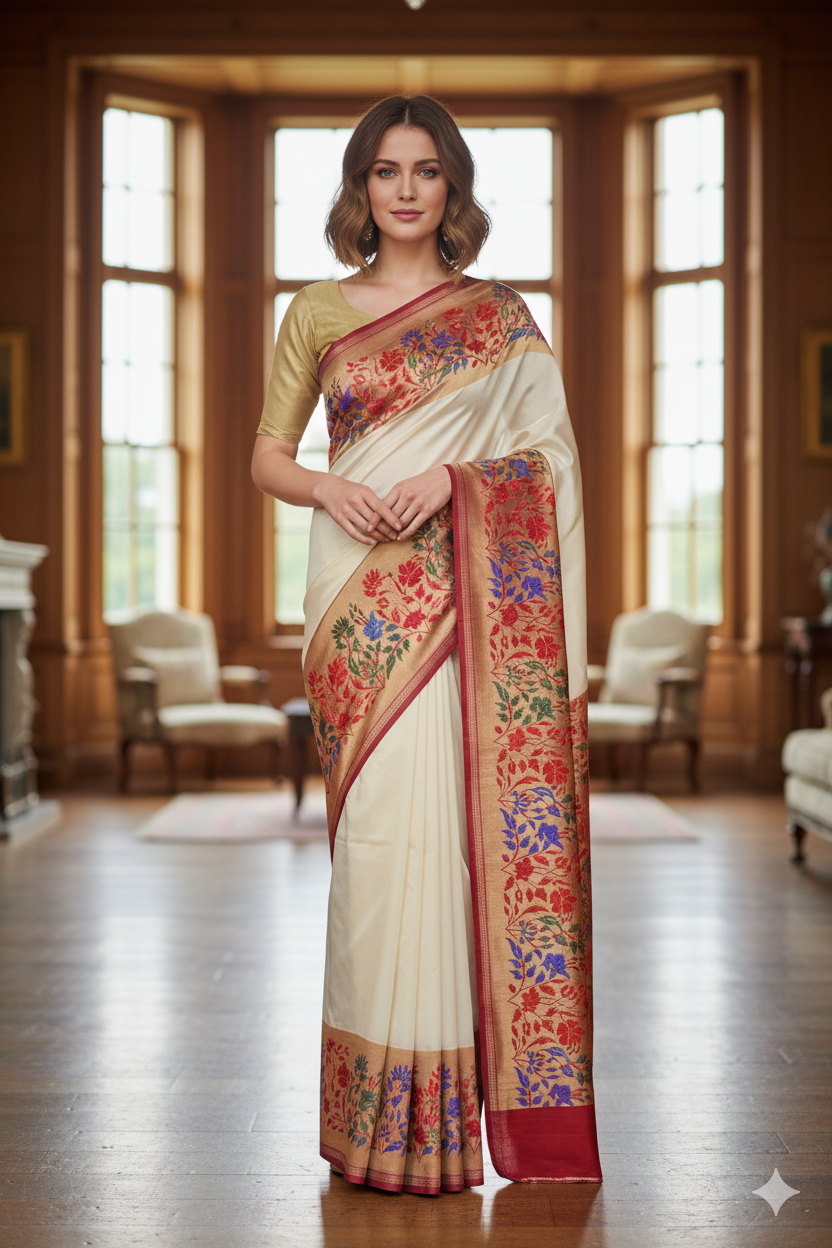 Silakaari Women's Off White Fancy Floral Border Banarasi Silk Saree