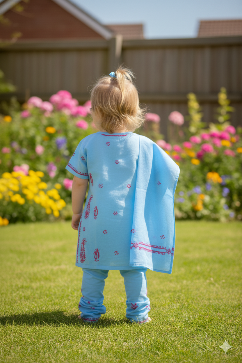 Silakaari Anarya Blue-Pink Pure Cotton Lucknowi ChikanKari Kurti Pant With Dupatta Set For Girls