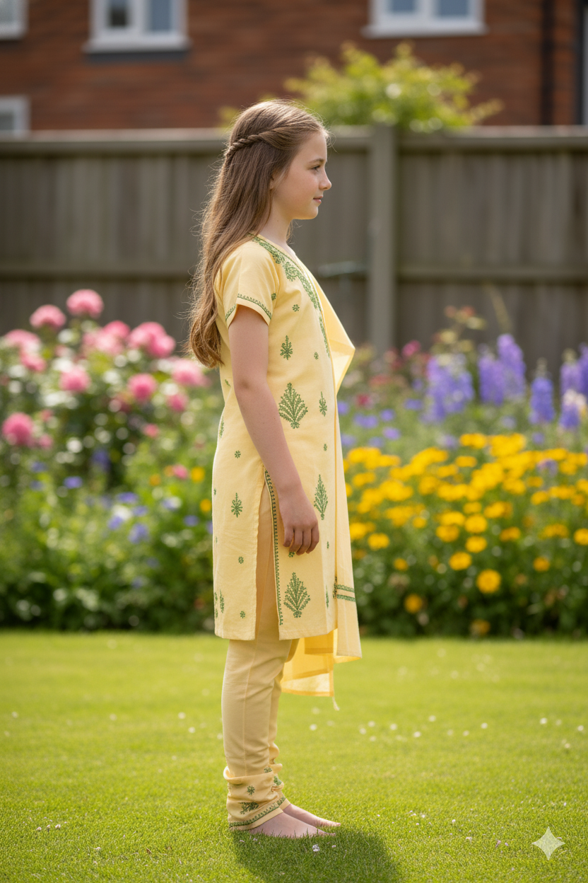 Silakaari Aabida Yellow-Green Pure Cotton Lucknowi ChikanKari Kurti Pant With Dupatta Set For Girls