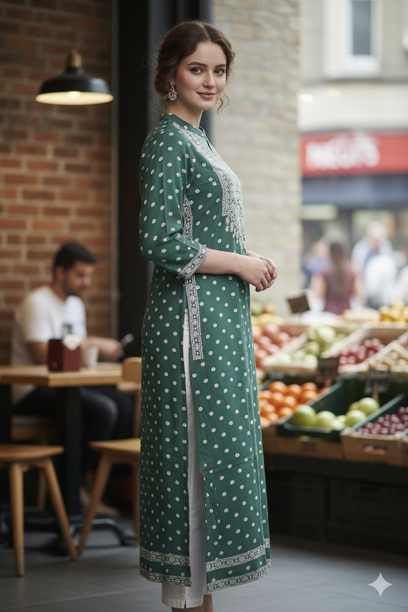 Silakaari Fariha Heavy Green Printed Mirror Work Full Length Aline Kurti