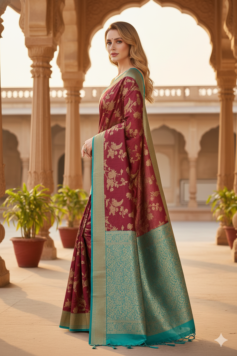 Silakaari Mahogany Maroon Zari Banarasi Festive Saree
