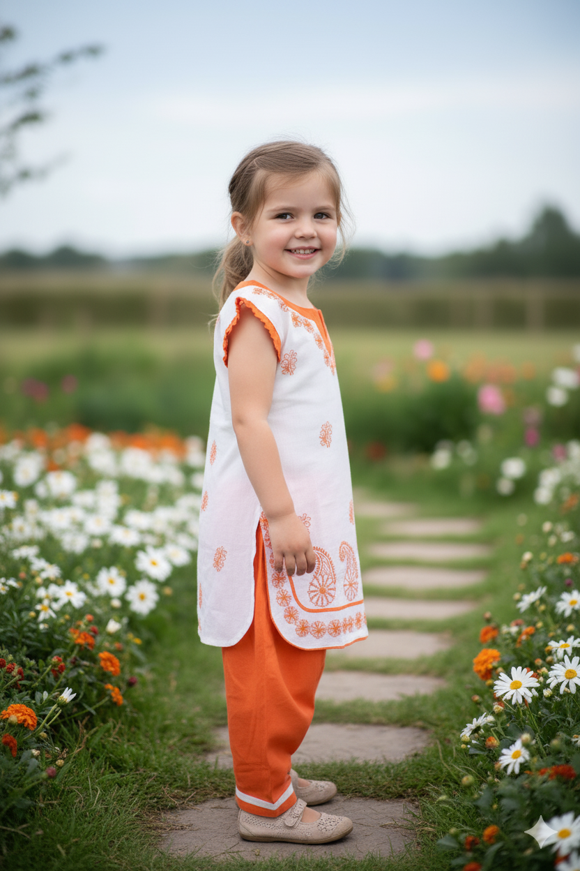 Silakaari Kids Pure Cotton Chikan Lucknowi Kurta Pajama Set For Girls