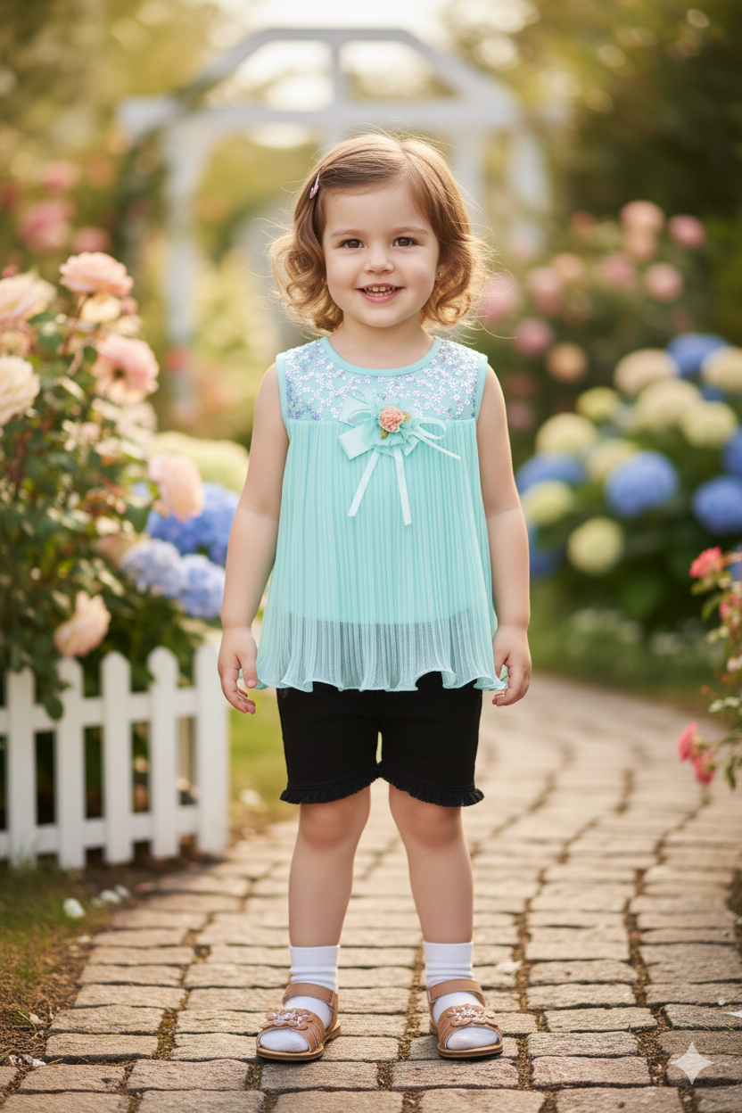 Silakaari Aisha Kids Fancy Sky Blue Stylish Sequnis Bow Top With Short For Girls