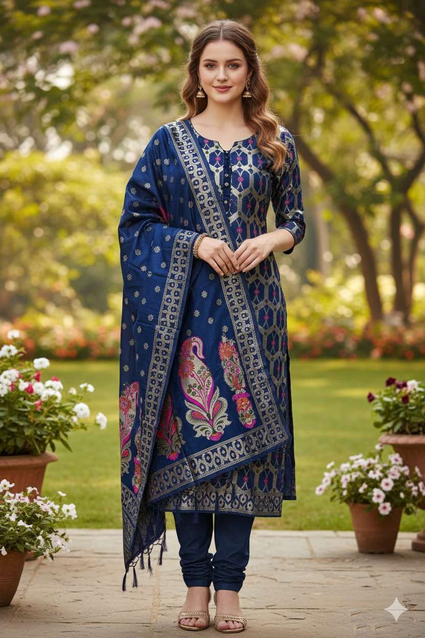 Silakaari Women's Heavy Zari Work Unstitched Dress Material