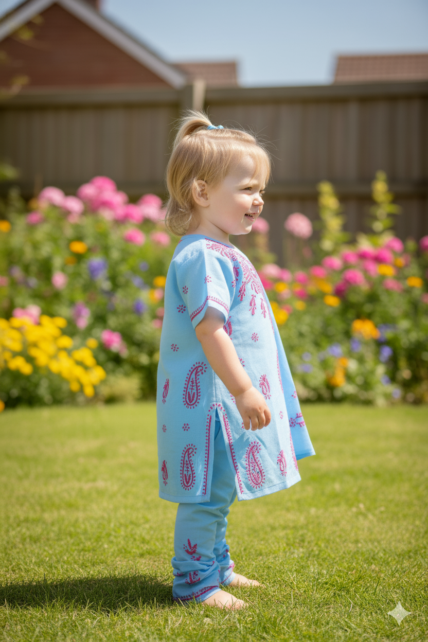 Silakaari Anarya Blue-Pink Pure Cotton Lucknowi ChikanKari Kurti Pant With Dupatta Set For Girls