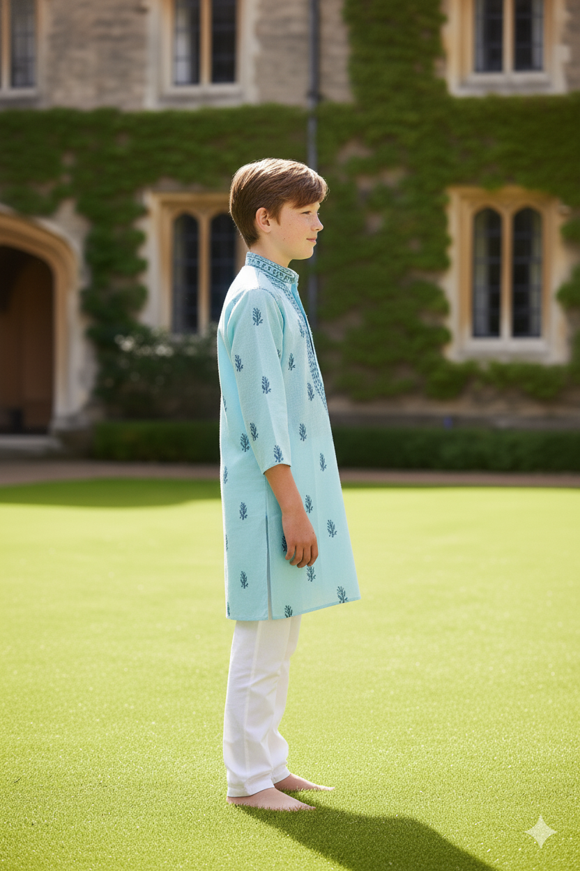 Silakaari Anas Turquoise Pure Lucknowi Chikankari Kurta Pyjama Set For Boys