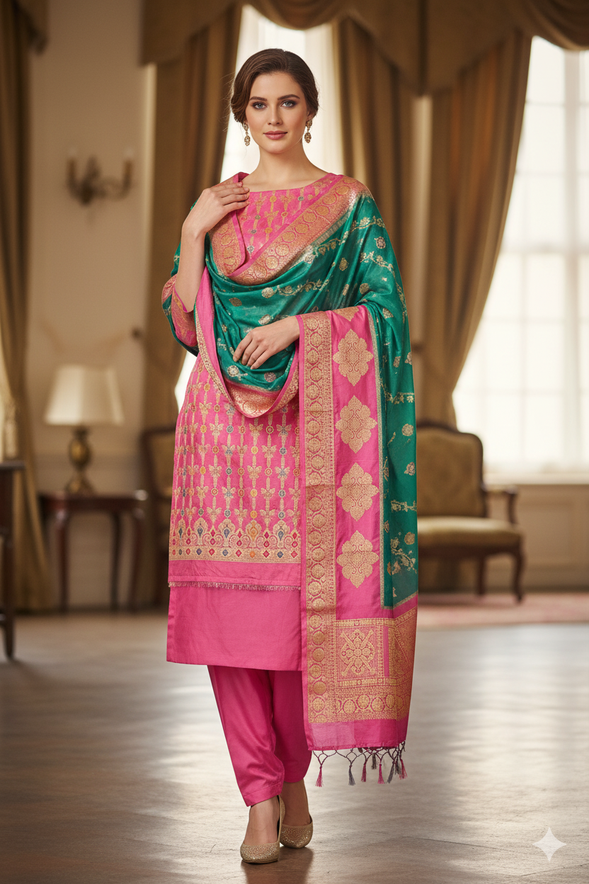 Silakaari Zubaida Banarasi Green-Pink Hand Woven Unstitch Dress Material