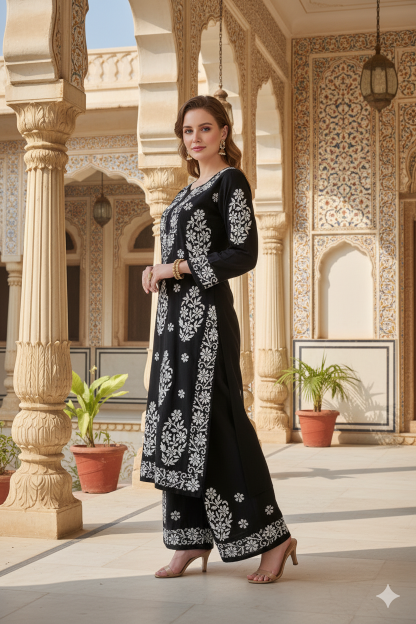 Silakaari Women's Pure Modal Lucknowi Premium Kurti Palazzo Set