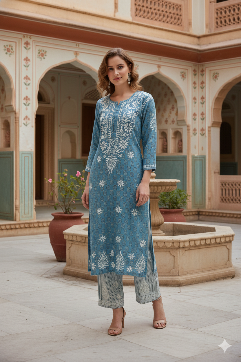 Silakaari Women's Pure Cotton Printed Lucknowi Kurti Pant Premium Set