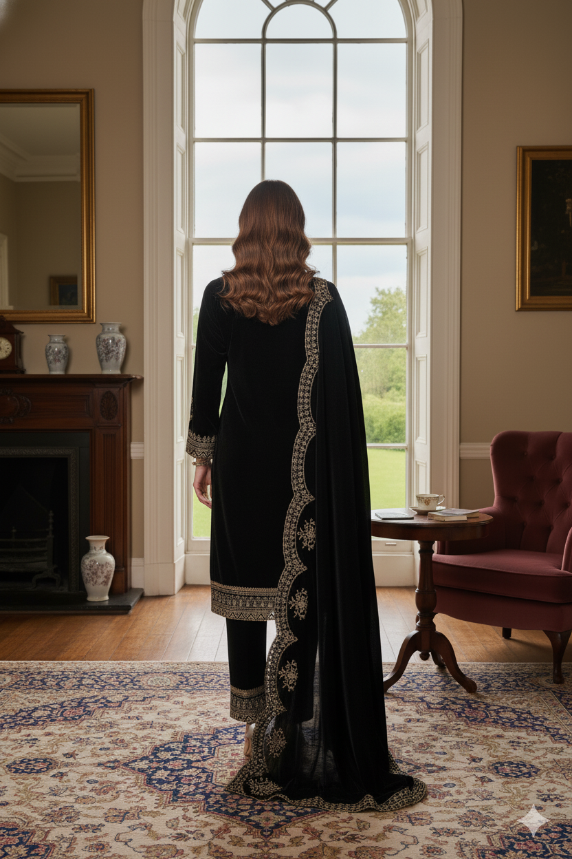 Black Classic Velvet Embroidery Work Heavy Bridal Kurti Pant Set