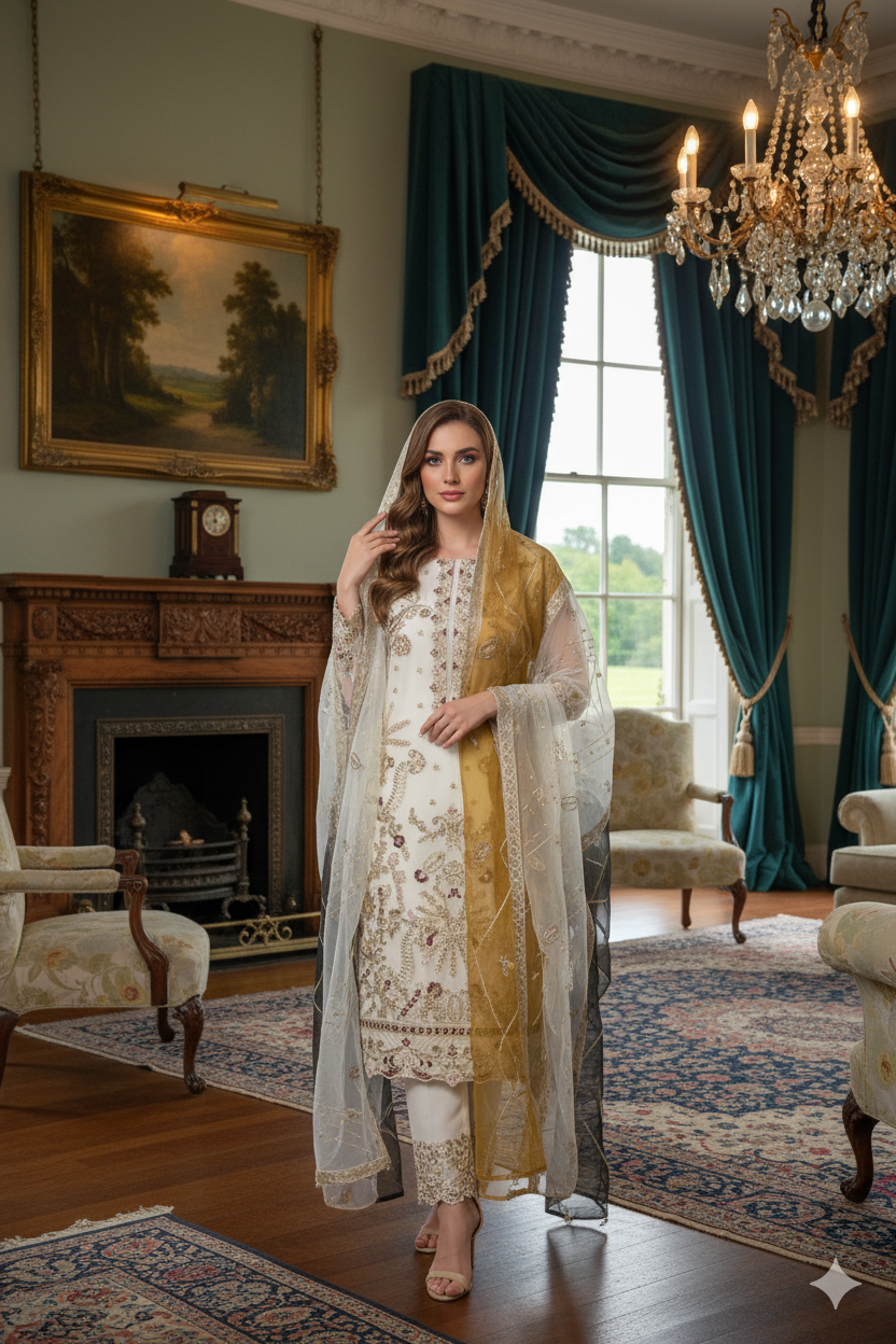 Silakaari Ronak Pure Organza Cream-Maroon Golden Zari Sequin Unstitched  Suits