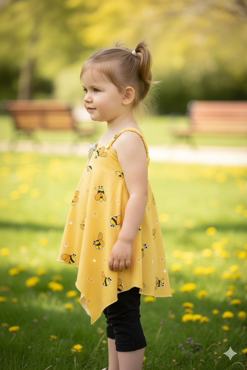 Silakaari Maryam Kids Honey Bee Printed Yellow Smocked Butterfly Top With Jeans For Girls