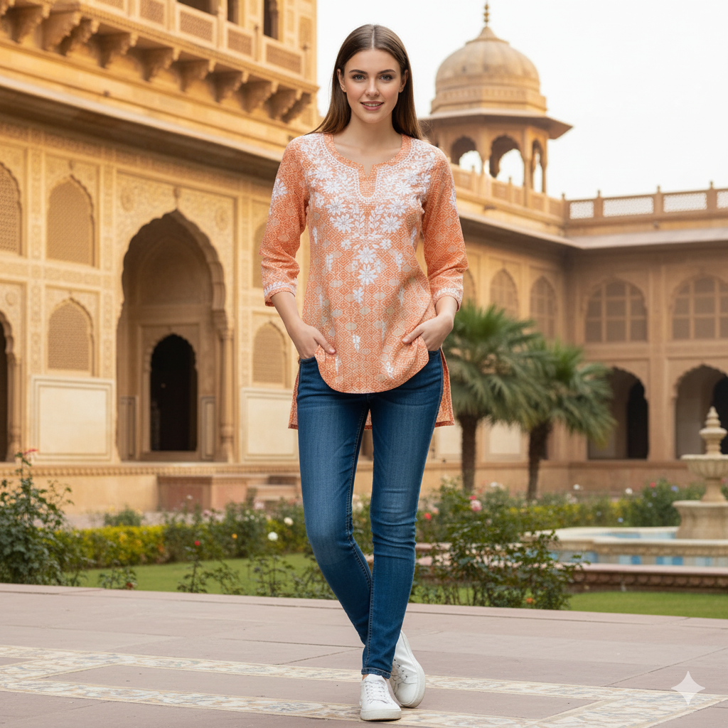 Silakaari Peach Foil Printed Lucknowi Straight Short Kurti With Pant Set