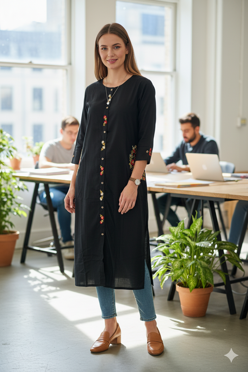 Silakaari Huda Black pocket Zari Embroidered Work Rayon Long Kurti