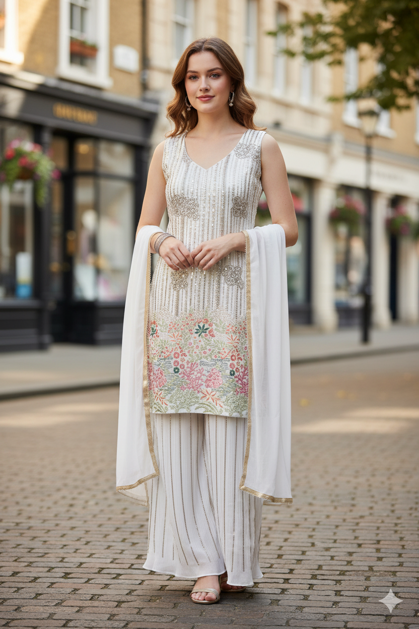 Silakaari Pure Cream Gold Sequin Hand-Work Party Wear Crepe Fancy Kurti Palazzo Set