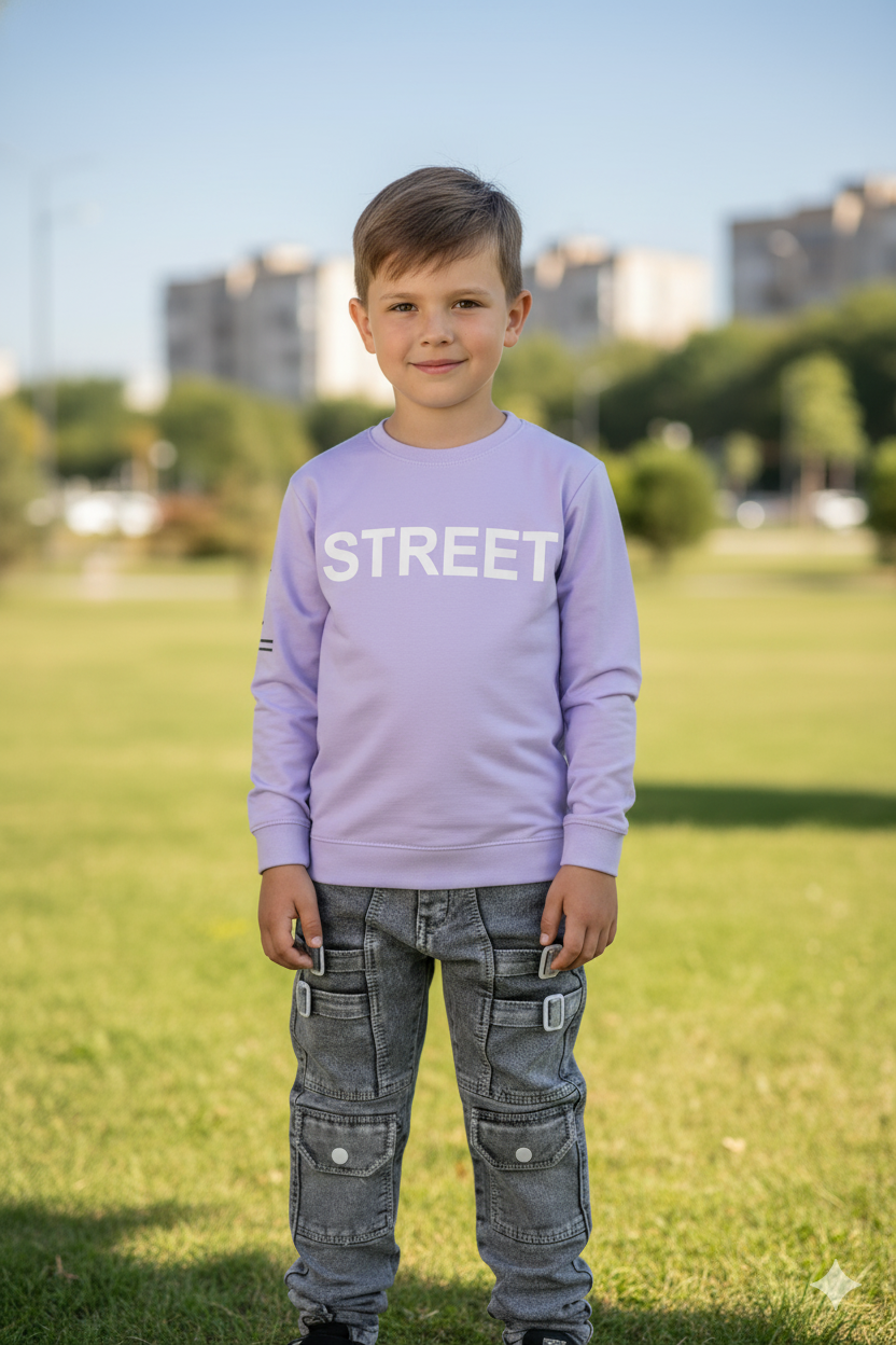 Silakaari Boker Purple T-Shirt With Grey Denim Jeans Set For Boys