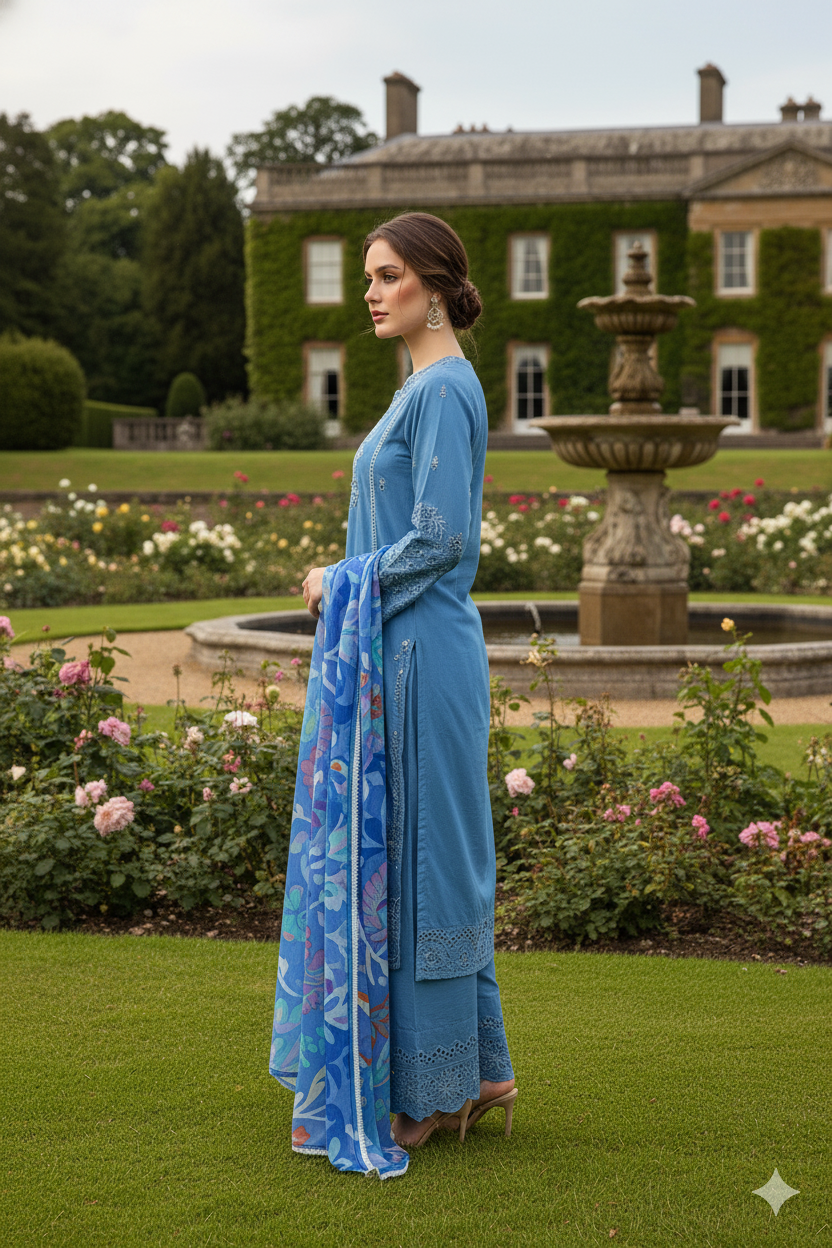 Silakaari Izhar Powder Blue Heavy Embroidery Organza Patch Pure Lawn  Ready-Made Dress