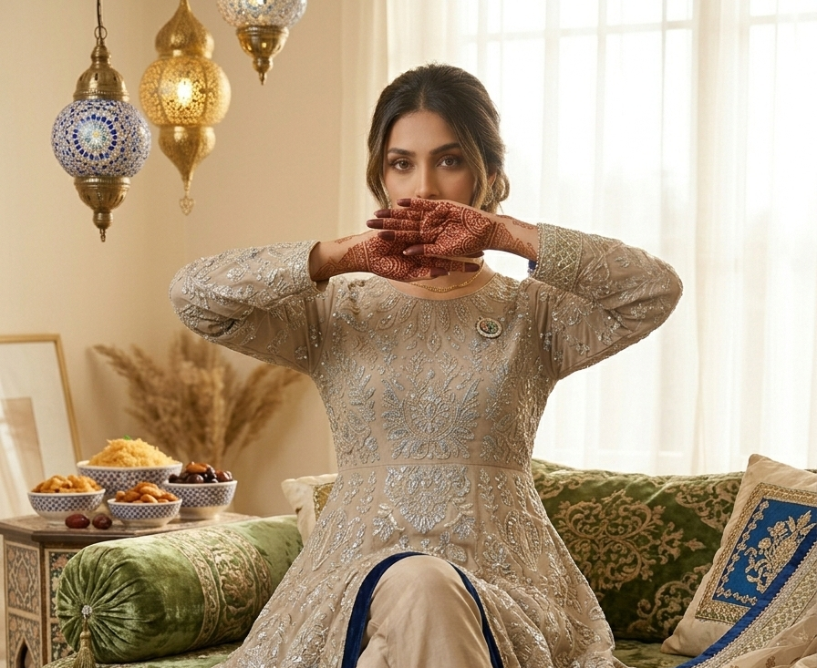 Silakaari Musheera Beige Heavy Sequins & Thread Work Embroidered Kurta Palazzo Set with Net Dupatta