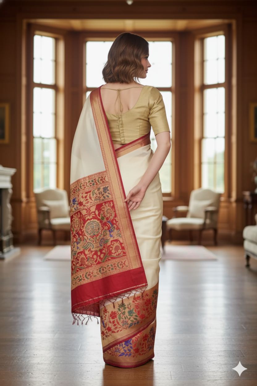 Silakaari Women's Off White Fancy Floral Border Banarasi Silk Saree