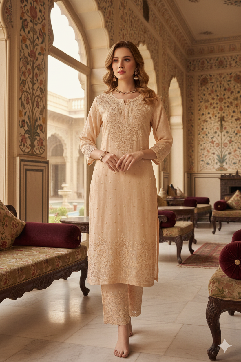 Silakaari Women's Pure Chanderi Golden Dots Kurti Palazzo Premium Lucknowi Set