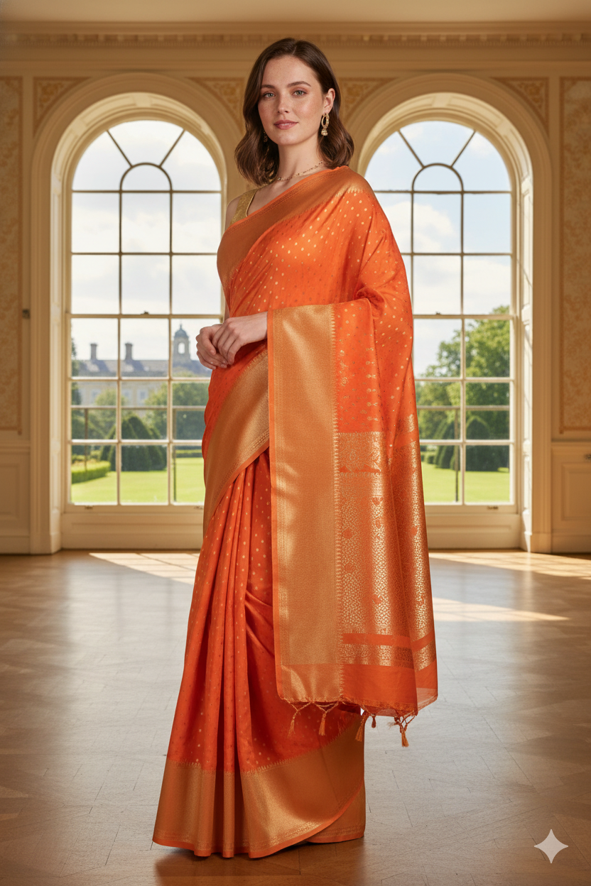 Silakaari Mehtab Ethnic Woven Designer Banarasi Orange-Gold Silk Saree