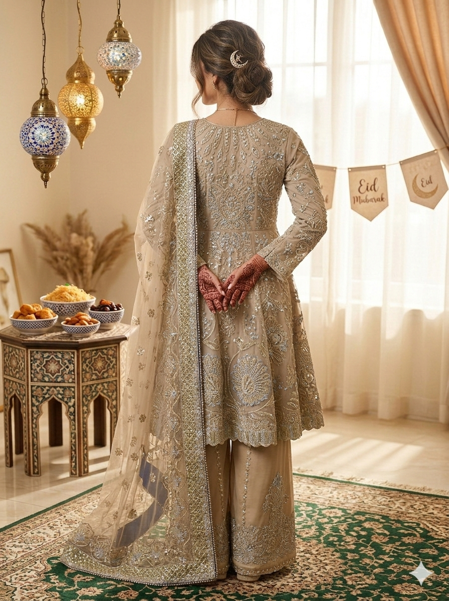 Silakaari Musheera Beige Heavy Sequins & Thread Work Embroidered Kurta Palazzo Set with Net Dupatta